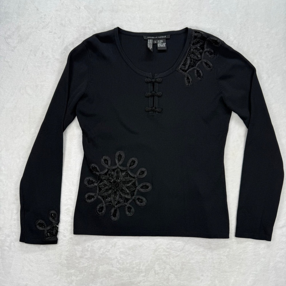 Michelle Nicole Embellished Top Long Sleeve Knit Blouse‎ Black Floral Size L